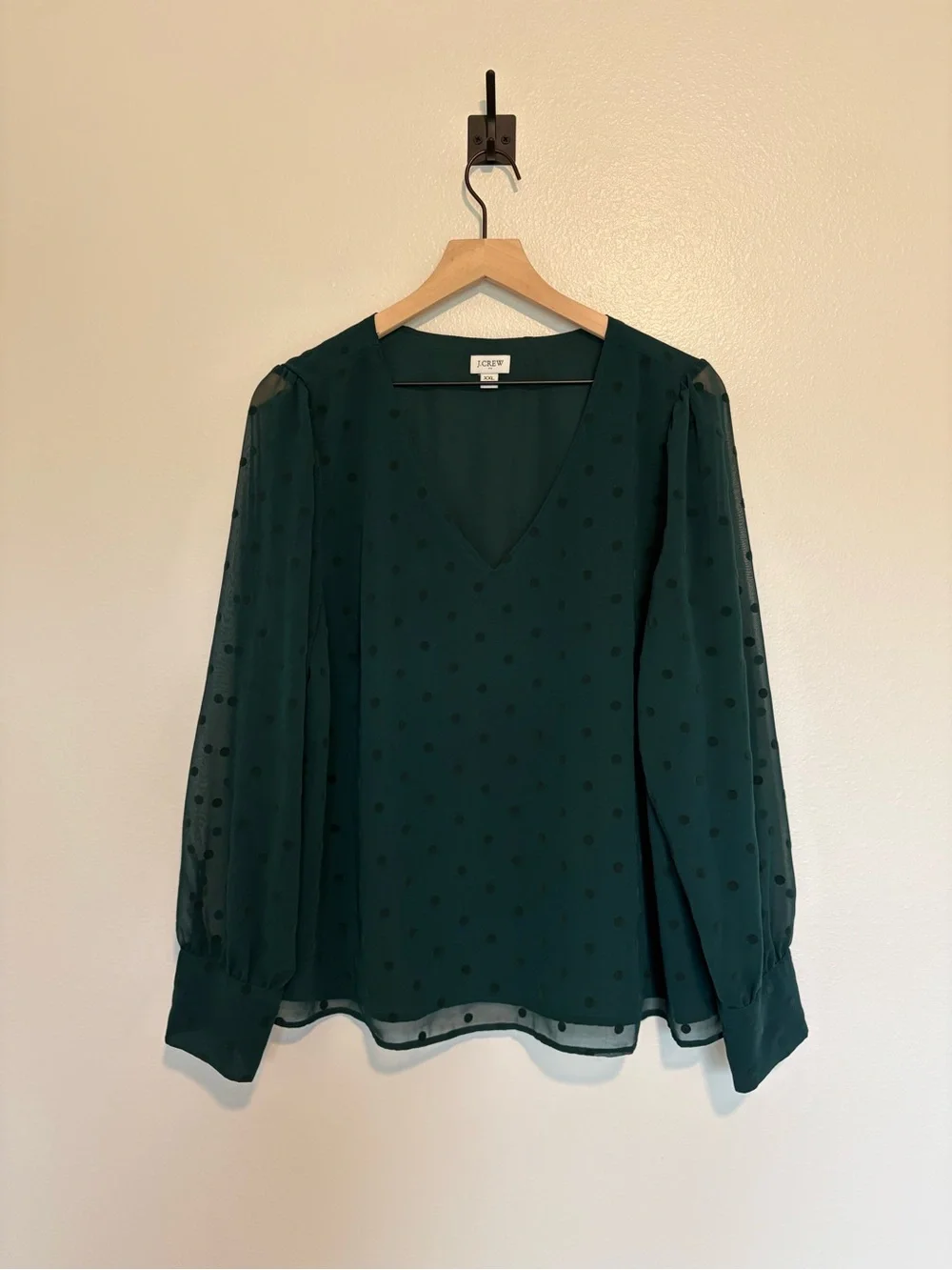 J. Crew Chiffon Dot V-Neck Puff Sleeve Blouse Career Green XXL